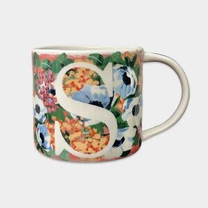 Anthropologie Pink & Blue Flower Floral Print S Initial Monogram Coffee Cup Mug